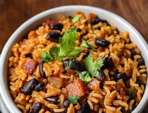 Delicious Cuban black beans and rice served in a bowl