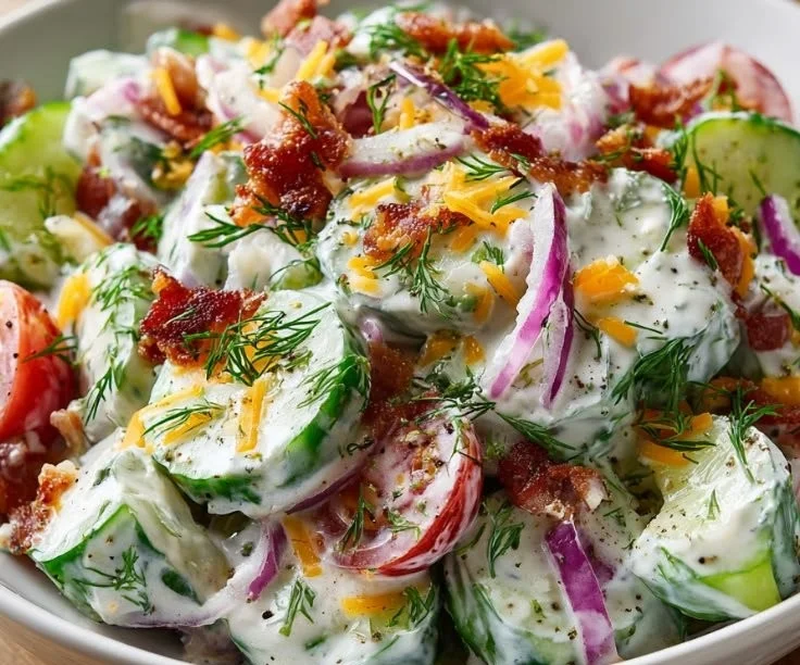 Cucumber Ranch Crack Salad with creamy dressing and crunchy vegetables