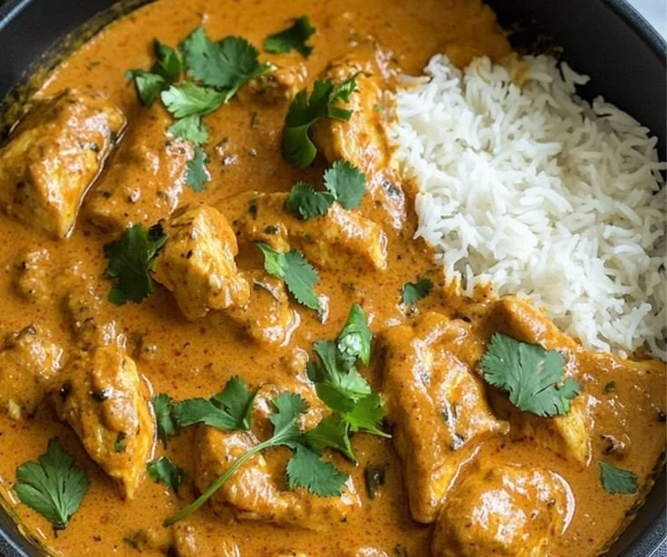 Delicious curry chicken served with rice and garnished with fresh herbs