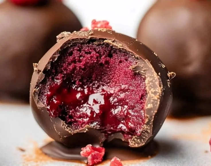 Delicious dark chocolate raspberry truffles on a white plate