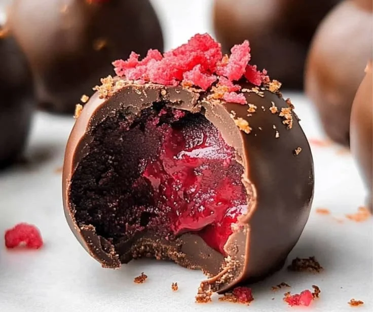 Delicious dark chocolate raspberry truffles on a decorative plate