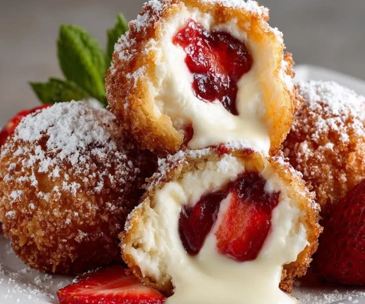 Delicious deep-fried strawberry cheesecake pies with crispy crust and creamy filling.