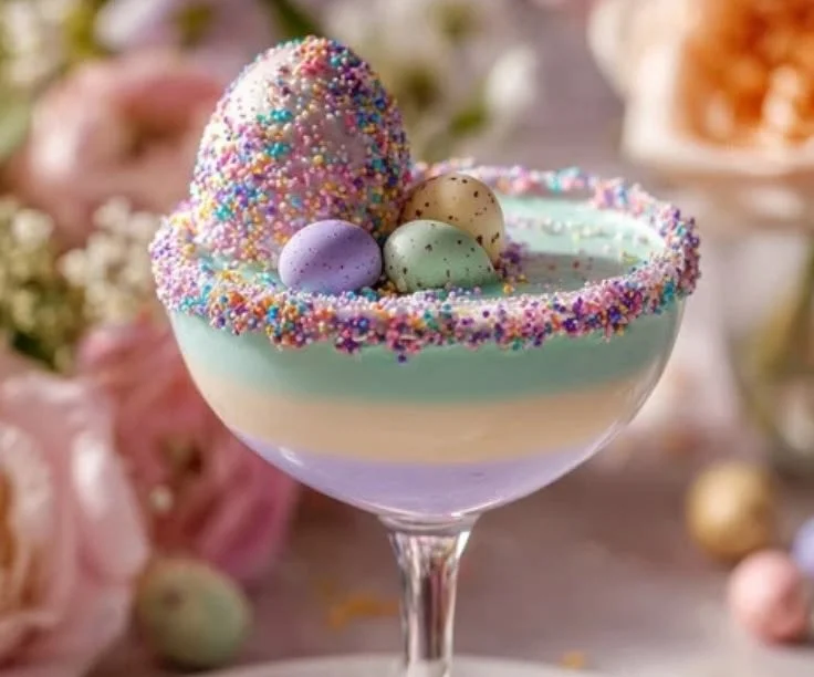 Easter Egg Martini cocktail with festive decorations and colorful easter eggs
