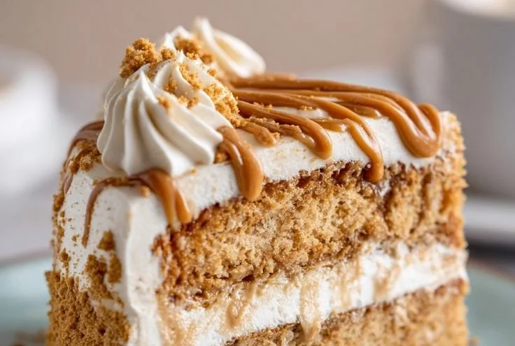 Slices of easy Biscoff cake topped with creamy frosting and Biscoff cookies