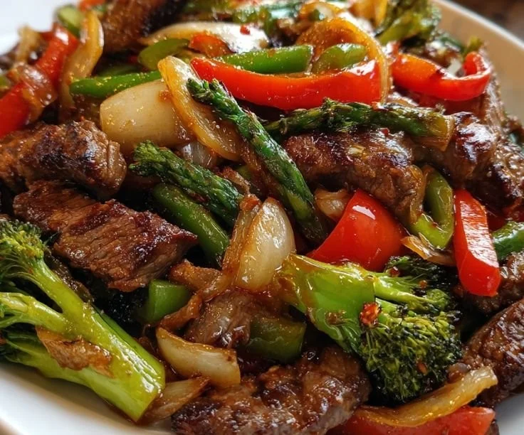 Delicious easy Blackstone Cowboy beef stir fry with colorful vegetables