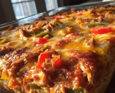 Delicious easy chicken fajita casserole topped with melted cheese and peppers