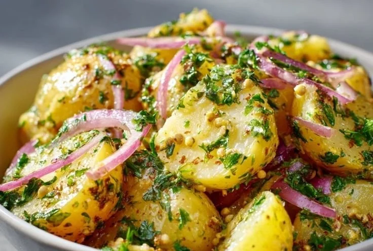 A bowl of easy German potato salad with fresh herbs and a creamy dressing.