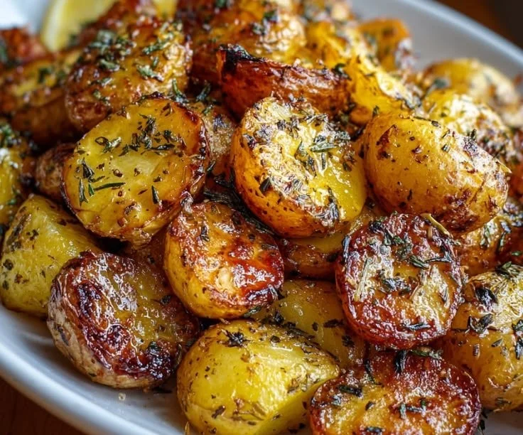 Plate of creamy and zesty Greek lemon potatoes with herbs.