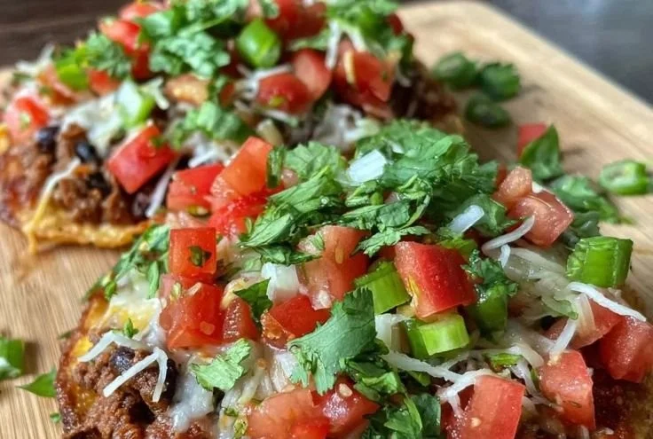 Homemade Easy Mexican Pizza topped with cheese, beans, and fresh vegetables