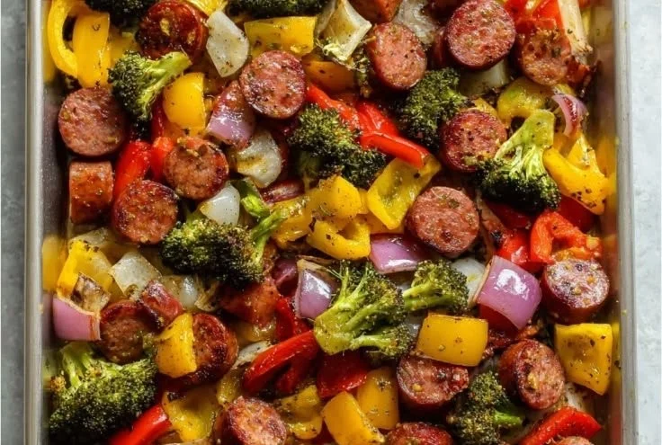 Easy sheet pan sausages with colorful veggies ready to serve.