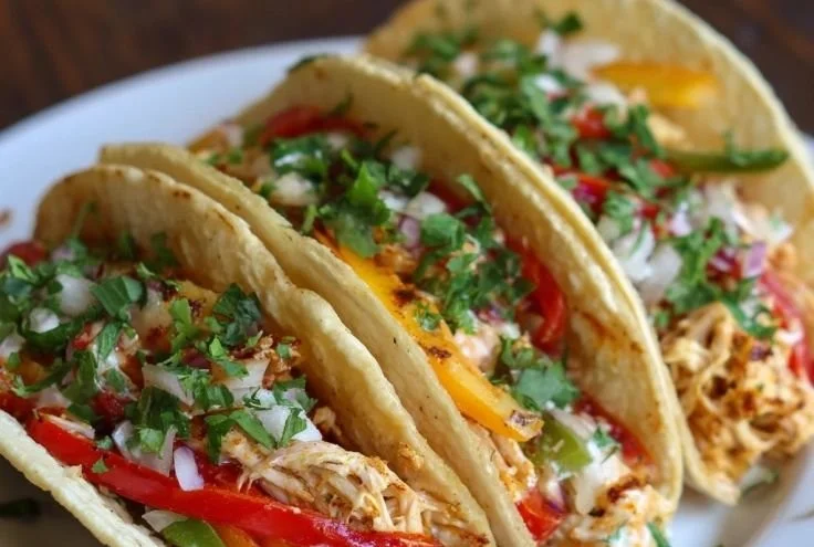 Delicious easy slow cooker shredded chicken tacos garnished with fresh toppings.