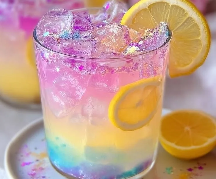 A glass of Enchanted Unicorn Lemonade surrounded by colorful fruits and sparkles.