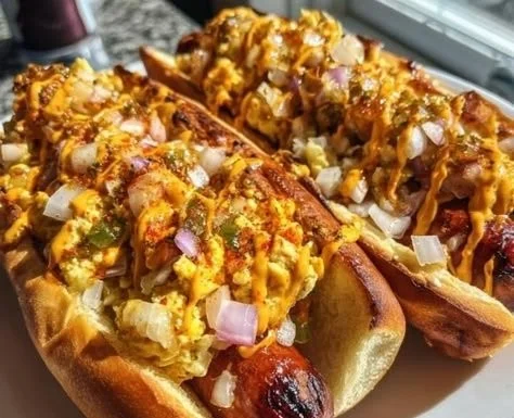 Firecracker Hot Dogs topped with spicy ingredients ready for grilling.