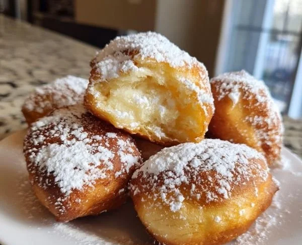 A plate of fluffy beignets dusted with powdered sugar