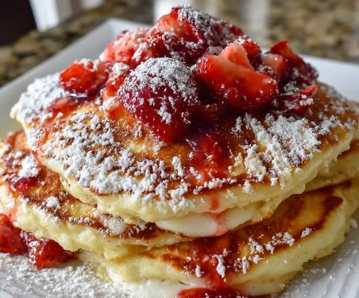 Fluffy strawberry cheesecake pancakes topped with fresh strawberries and whipped cream.