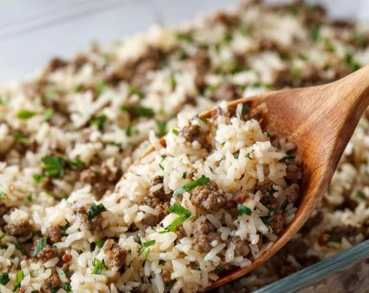 Delicious French Onion Beef and Rice dish served in a bowl