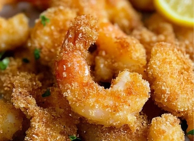 Crispy fried shrimp served on a plate with dipping sauce.