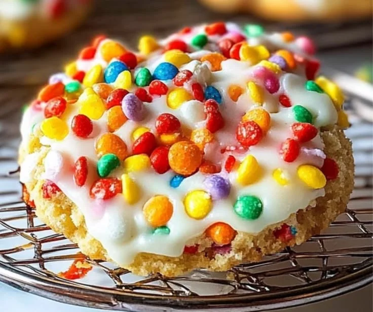 Frosted Fruity Pebbles Cookies on a plate with colorful cereal topping