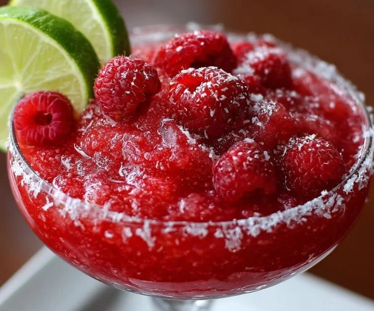 Frozen Raspberry Coconut Daiquiri in a glass with garnishes