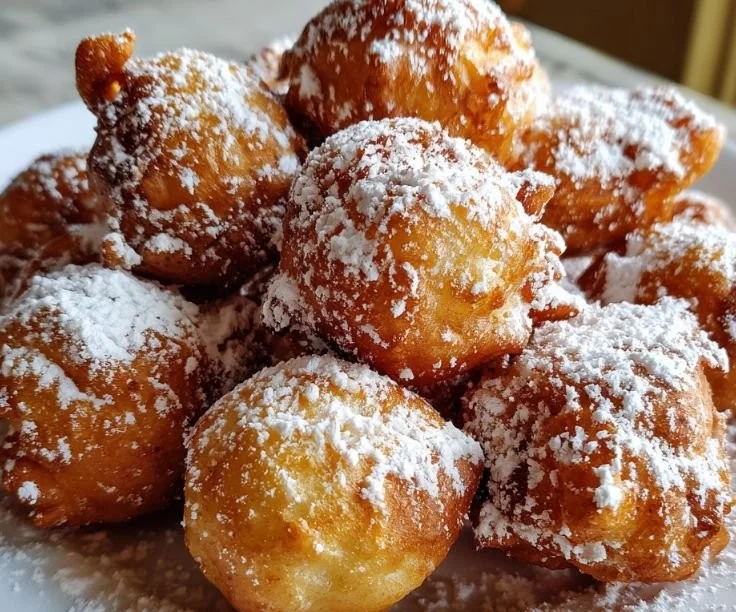 Delicious funnel cake bites, crispy and golden brown, served with powdered sugar.