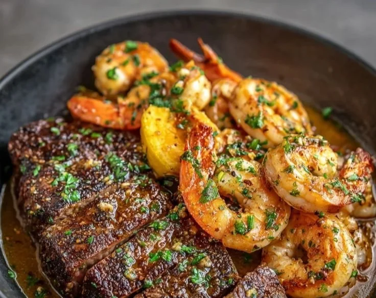 Delicious Garlic Butter Steak and Shrimp served on a plate with fresh herbs.