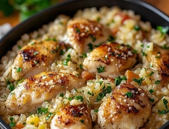 Garlic Parmesan Chicken with Rice served on a plate