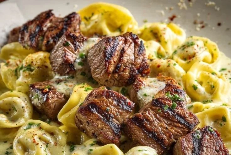 Delicious Garlic Parmesan Steak Tortellini served in a bowl