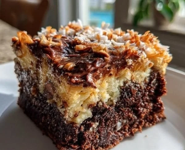 Delicious German Chocolate Poke Cake with frosting and chocolate drizzle