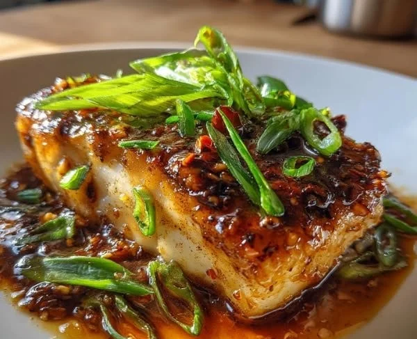 Ginger Soy Cod fillet garnished with herbs on a plate