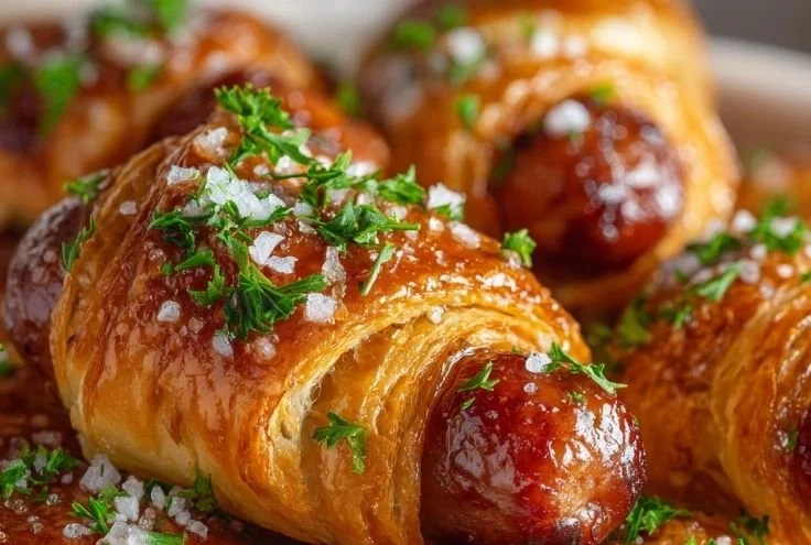 Delicious glazed pigs in a blanket served as an appetizer