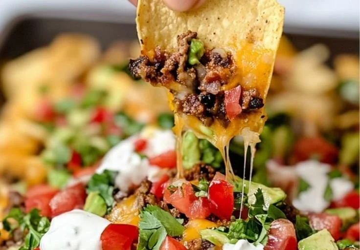 Gluten-free sheet pan nachos topped with cheese, jalapeños, and fresh toppings.