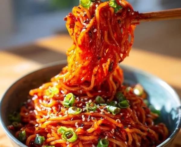 Delicious bowl of Gochujang noodles topped with fresh vegetables