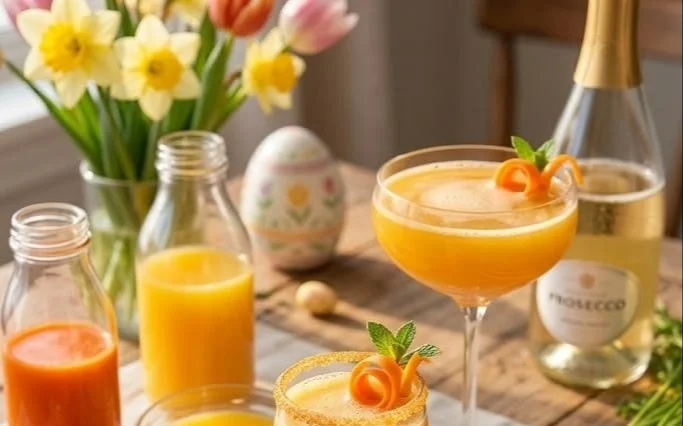 Golden Carrot Mimosa cocktail garnished with fresh orange and carrot.