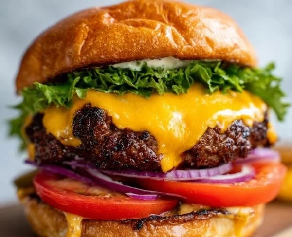 Gourmet steakhouse burger with fresh toppings and gourmet ingredients