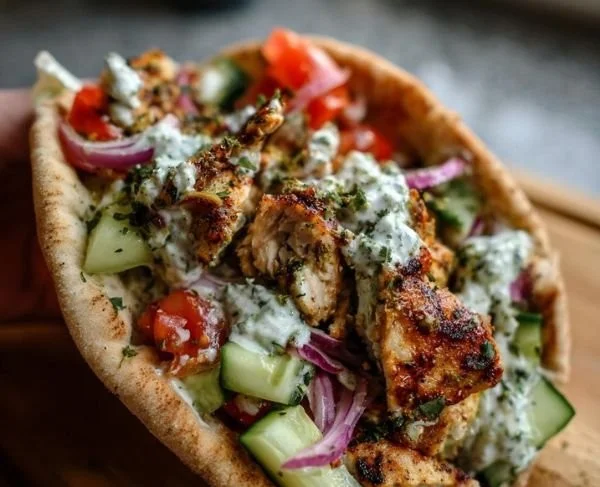 Delicious Greek chicken pitas served with fresh toppings.