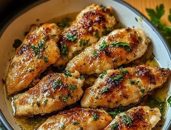 Greek chicken tenders served with tzatziki sauce on a platter
