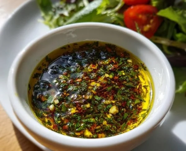 Bowl of homemade Greek vinaigrette dressing with fresh herbs and olive oil