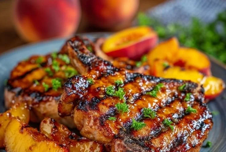 Grilled pork chops topped with peach glaze on a rustic plate