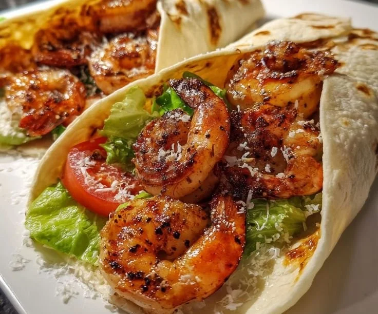 Delicious Grilled Shrimp Caesar Wraps with creamy dressing and fresh ingredients