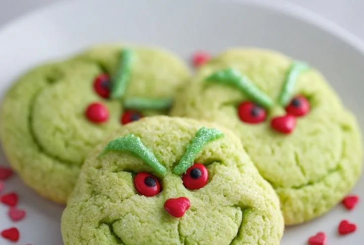 Festive Grinch Cookies decorated with green icing and red hearts for the holidays.