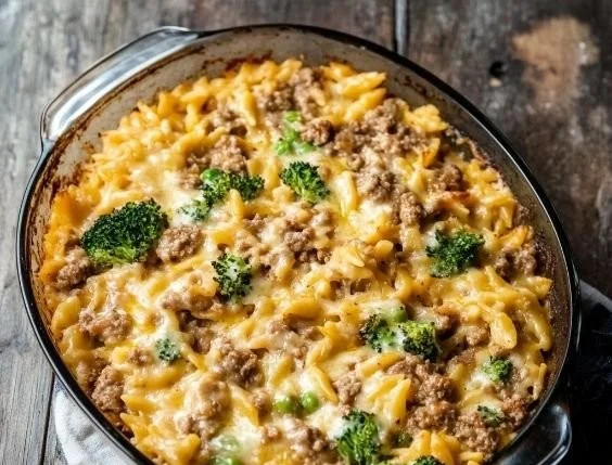 Ground turkey and orzo recipe with vegetables in a serving bowl