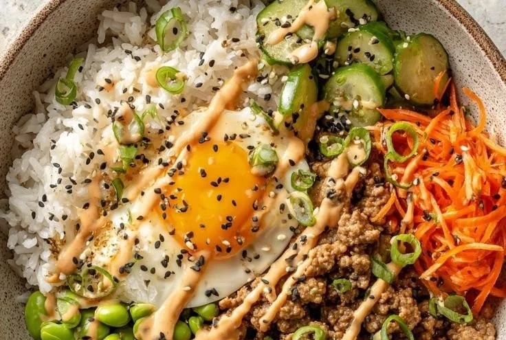 Healthy ground turkey rice bowls recipe with vegetables and spices