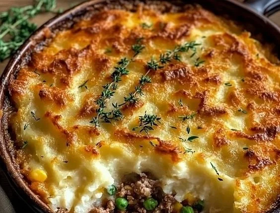 Plate of Ground Turkey Shepherd's Pie topped with mashed potatoes and herbs