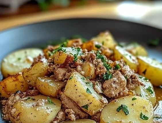 Ground turkey with roasted potatoes served on a plate.