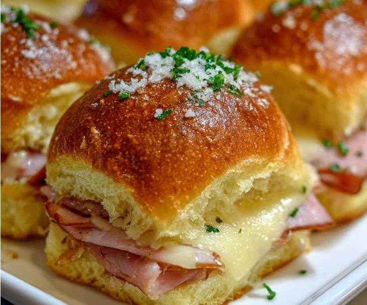 Ham and Havarti Cheese Sliders stacked on a platter, garnished and ready to serve.