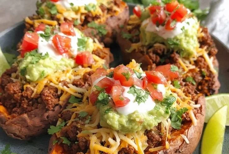 Healthy taco-stuffed potatoes served with fresh toppings
