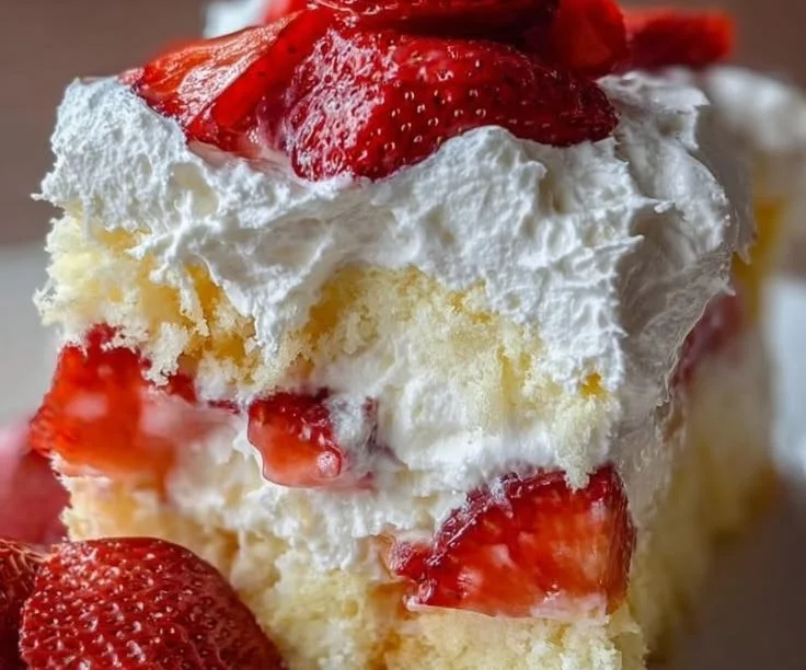 Heaven on Earth Cake with layers of cream, fruit, and cake, showcasing its delicious texture.