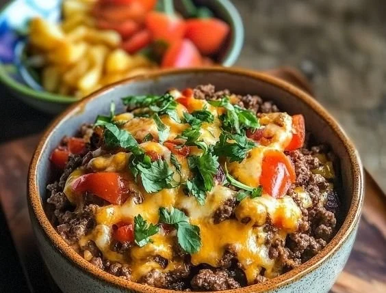 High-Protein Cheeseburger Bowls topped with fresh ingredients and served in a bowl