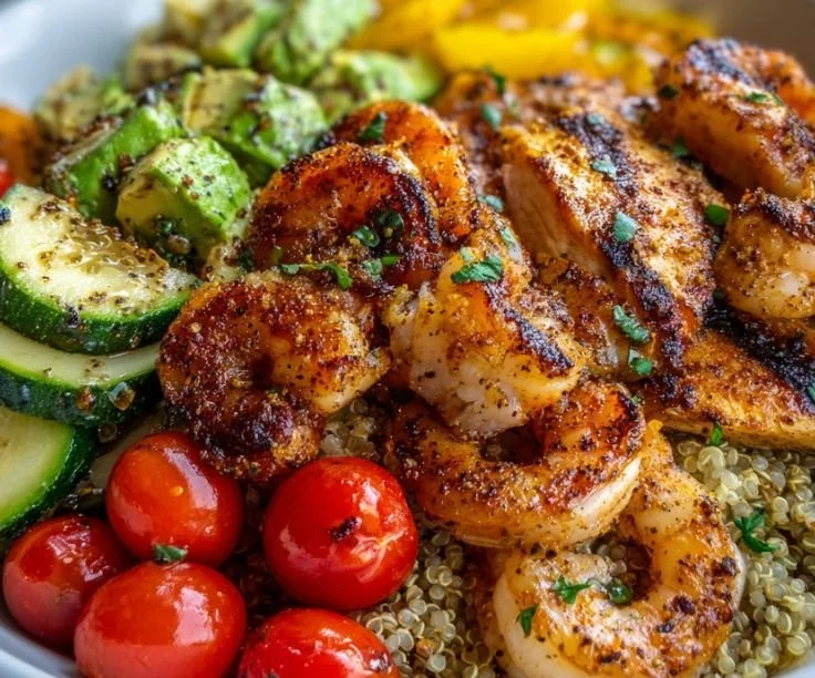 High-protein chicken and shrimp power bowls filled with fresh ingredients
