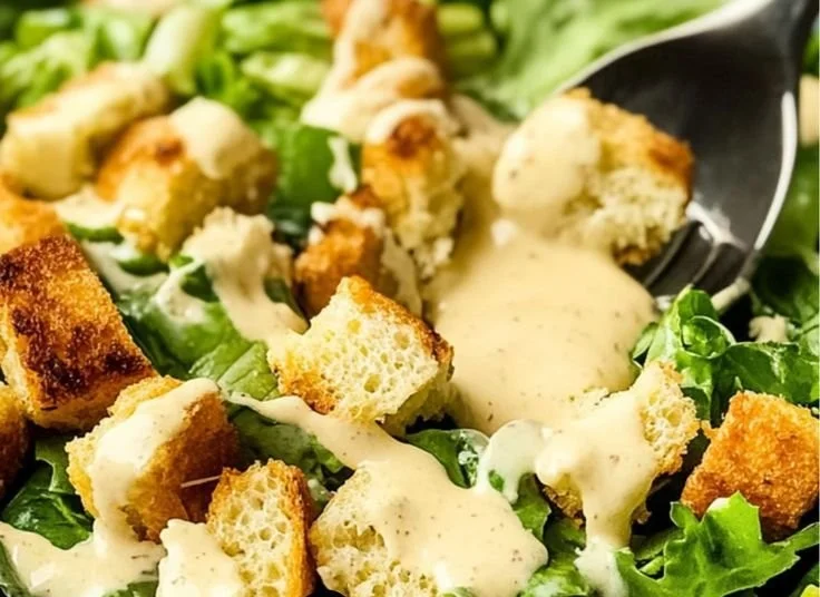 Bowl of homemade Caesar dressing with fresh ingredients